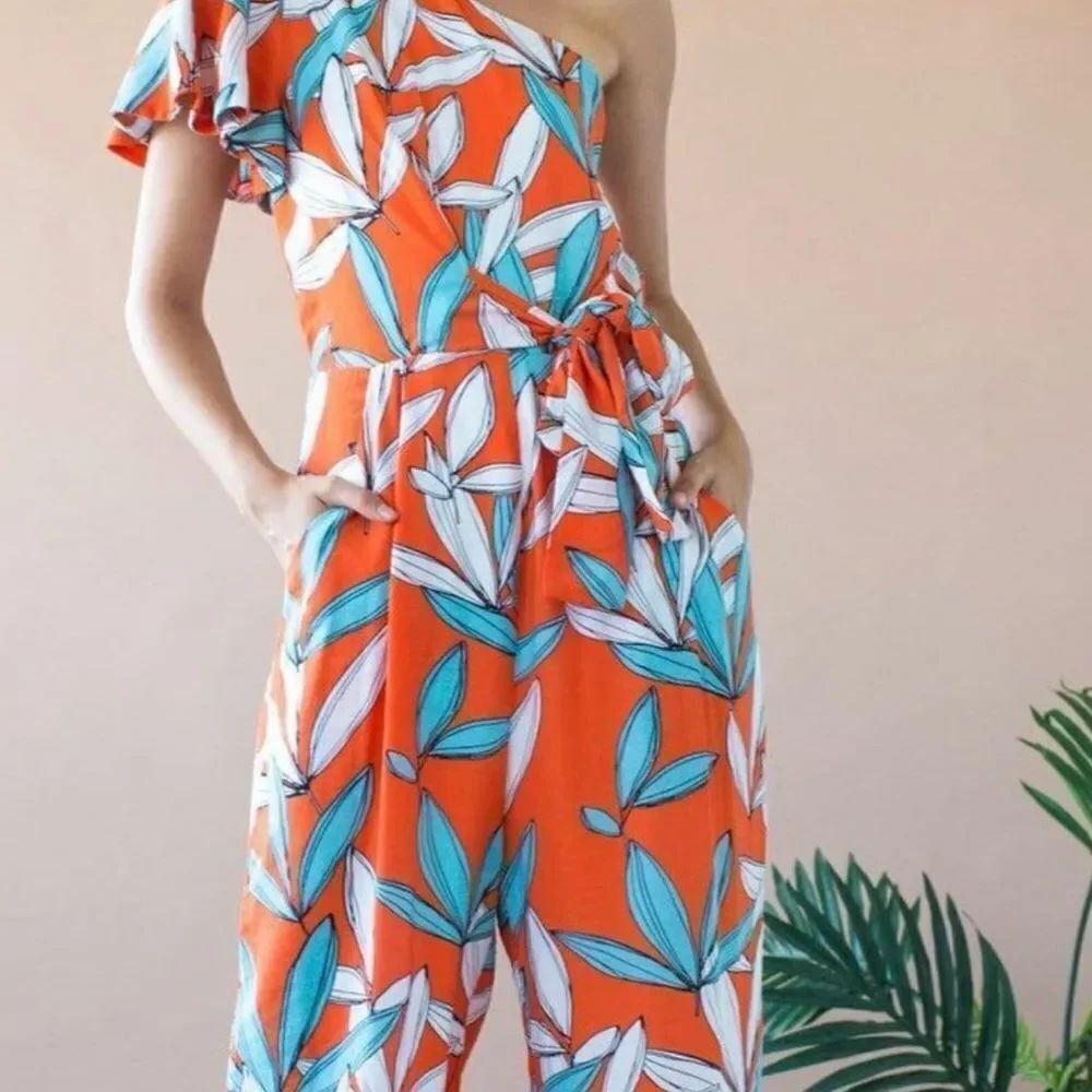 Coconinno Amir One Shoulder Jumpsuit With Flutter Sleeve and Pockets- Rio Flora